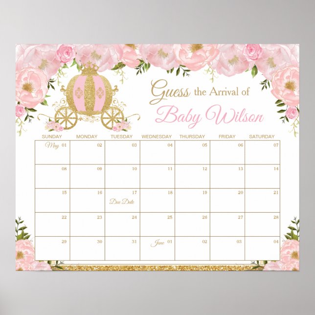 Poster Pink Floral Princess Guess Baby's Arrival Game (Devant)