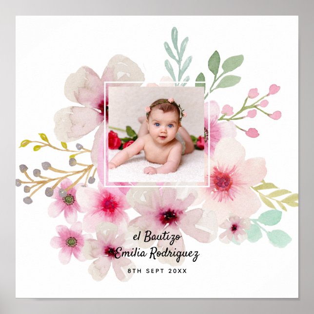 Poster Pink Floral Rose PHOTO BAUTIZO Baptism Girls Named (Devant)