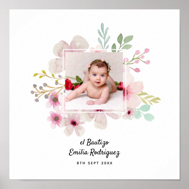 Poster Pink Floral Rose PHOTO BAUTIZO Baptism Girls Named (Devant)