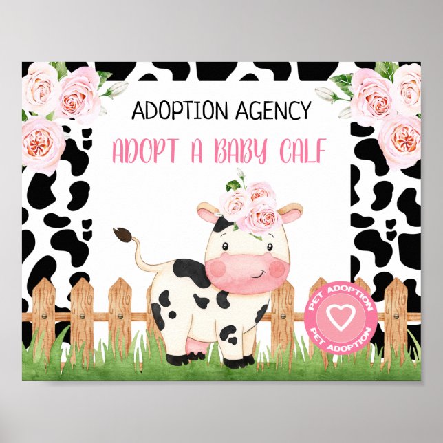 Poster Pink Floral Vache Calf Pet Adoption Signal d'anniv (Devant)