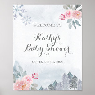 Poster Pink Floral Winter Snowflakes bienvenue