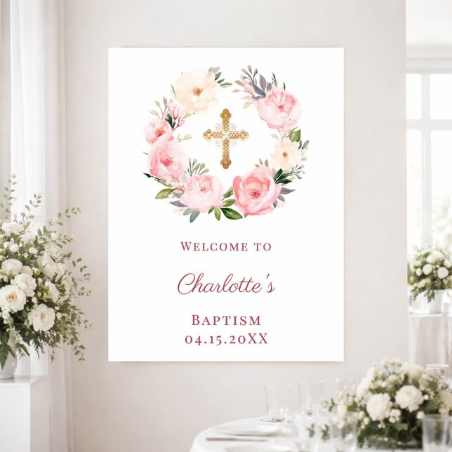 Poster Pink floral wreath Baptism welcome (Créateur téléchargé)