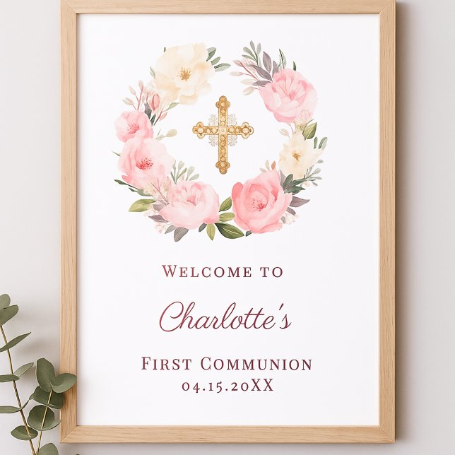 Poster Pink floral wreath First Communion welcome (Créateur téléchargé)