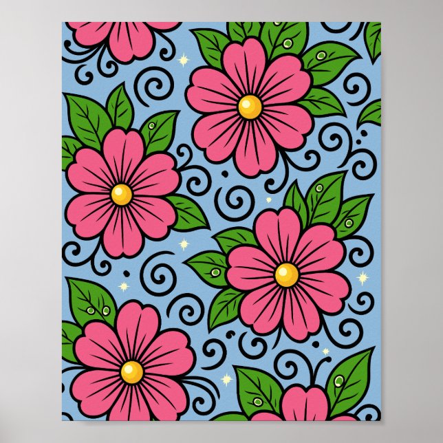 Poster Pink Florals with Green Leaves and Curved Details (Devant)