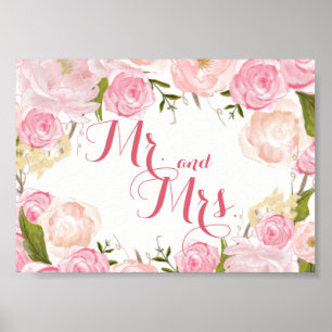 Poster pink flower bridal shower SIGN Mr. and Mrs.