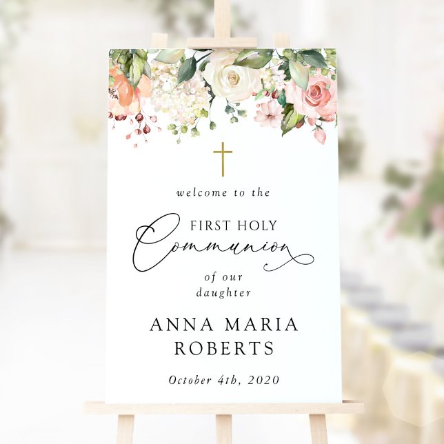 Poster Pink Flowers, Boho, First Holy Communion Welcome (Créateur téléchargé)