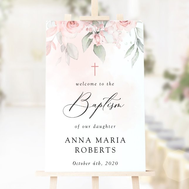 Poster Pink Flowers, Greenery, Boho, Baptism Welcome (Créateur téléchargé)