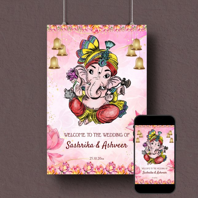 Poster Pink Ganesha lotus mariage indien signe de bienven (Ganesha pink Indian wedding welcome sign poster template pink lotus flowers gold bells)