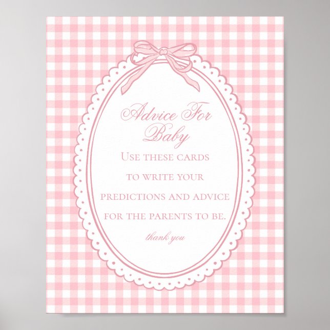 Poster Pink Gingham Coquette Bow Advice for Baby Shower (Devant)