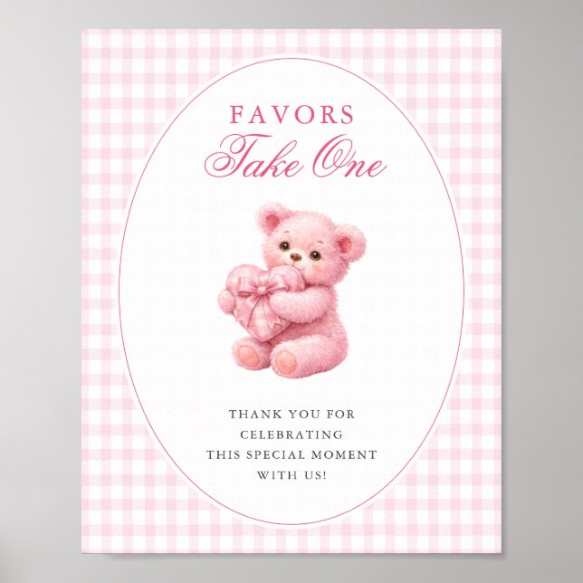 Poster Pink Gingham Teddy Bear Neutral Baby Shower (Devant)