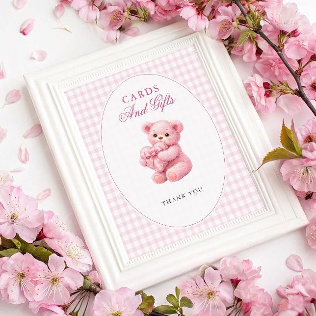 Poster Pink Gingham Teddy Bear Neutral Baby Shower (Créateur téléchargé)
