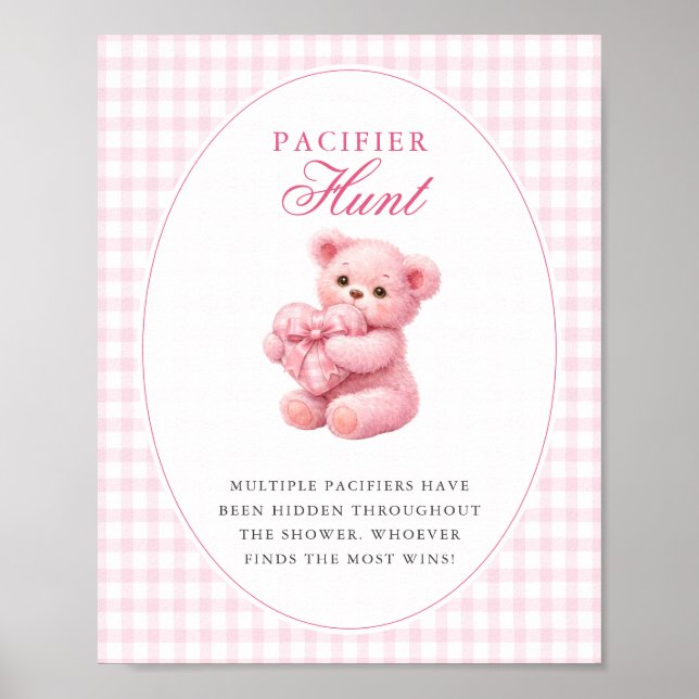 Poster Pink Gingham Teddy Bear Neutral Baby Shower (Devant)