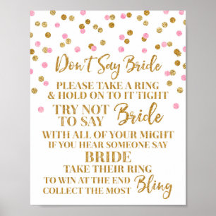 Poster Pink Gold Confetti ne pas dire Bride Game Sign