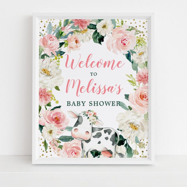 Poster Pink Gold Floral Cow Girl Baby Shower Welcome (Créateur téléchargé)