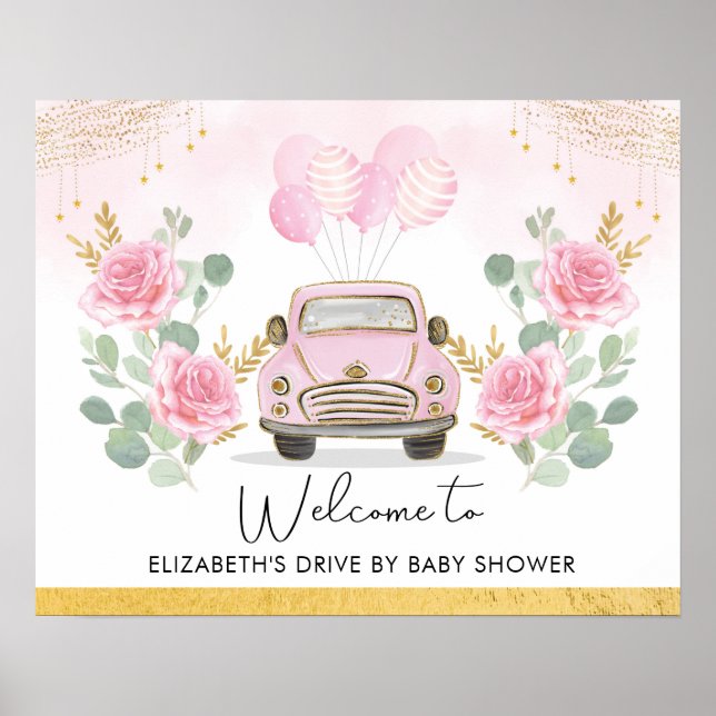 Poster Pink Gold Floral Drive Par Baby shower Bienvenue (Devant)