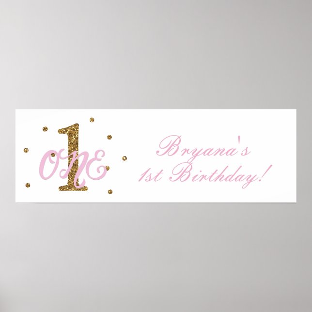 Poster Pink & Gold Girls ONE 1st Birthday Party Banner (Devant)