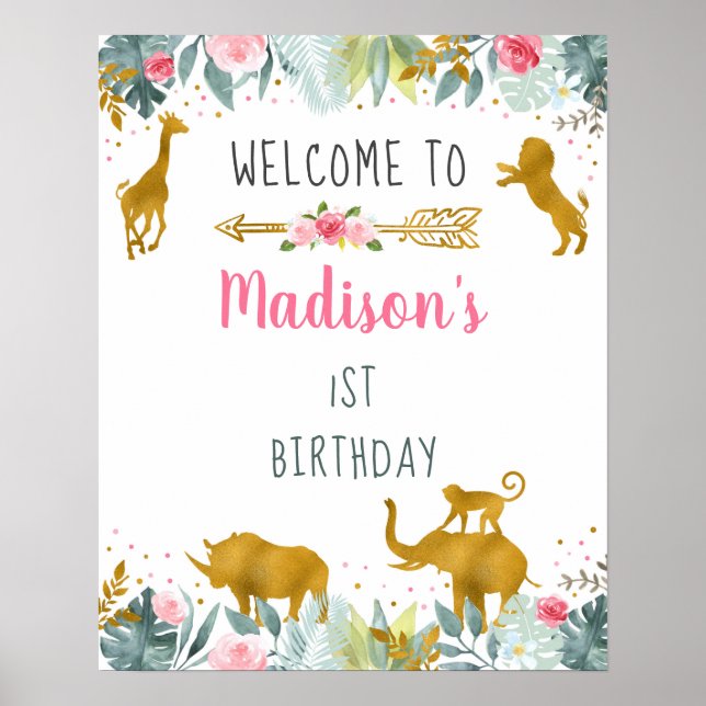 Poster Pink Gold Safari Animal Green Anniversaire Bienven (Devant)