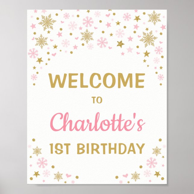 Poster Pink Gold Snowflake Hiver 1er anniversaire Bienven (Devant)