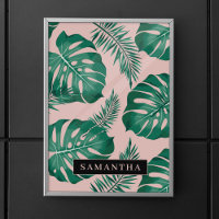 Pink & Green Palm Feuille Motif & nom