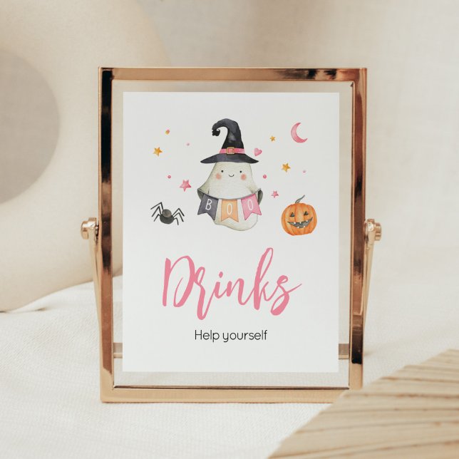 Poster Pink Halloween Ghost Little Boo Boo Baby showers B (Little Boo Baby Shower Drinks Sign)
