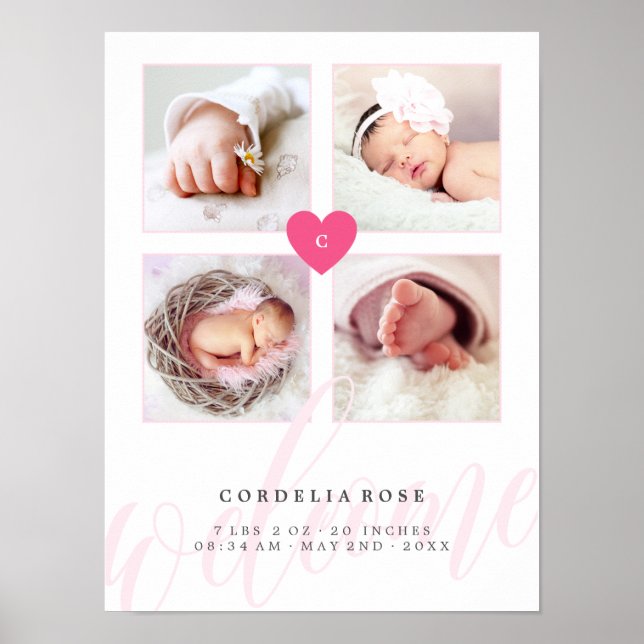 Poster Pink Heart Monogramme photo de bébé Collage (Devant)