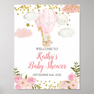 Poster Pink Hot air Balloon Jungle Baby shower Bienvenue
