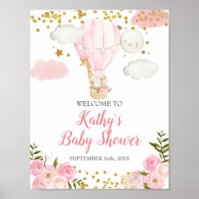 Poster Pink Hot air Balloon Jungle Baby shower Bienvenue (Devant)
