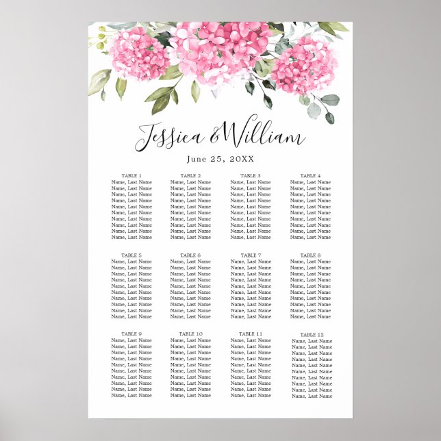 Poster Pink Hydrangea Floral 12 Tables CADRE (Devant)