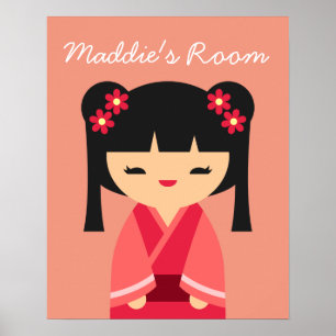 Poster Pink Kokeshi Japanese dolls