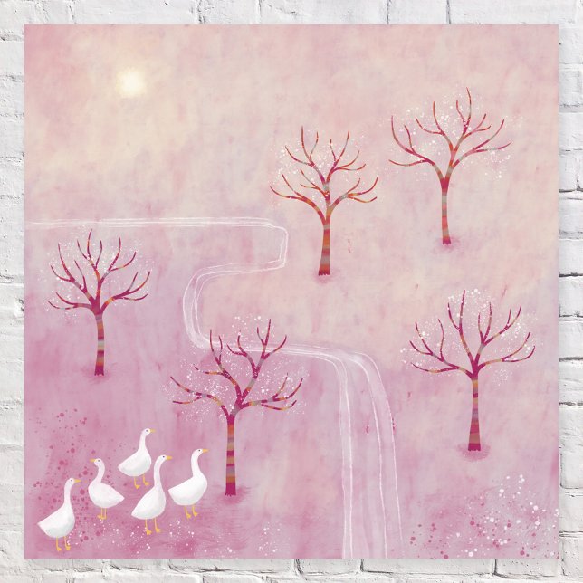 Poster Pink Landscape Painting (Modern pink orchard landscape with trees and geese by Nic Squirrell)