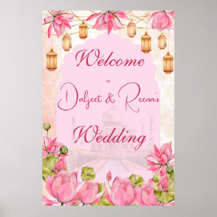Poster Pink lotus mariage indien signe de bienvenue