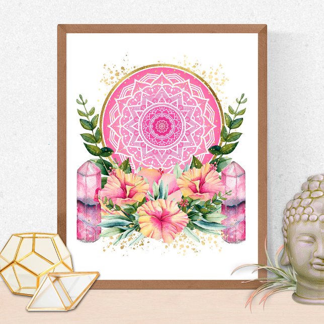 Poster Pink Mandala Crystal Flowers Yoga Reiki Spa Boho (Créateur téléchargé)