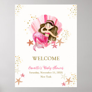 Poster Pink Mermaid Ocean Starfish Baby shower Bienvenue