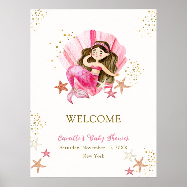 Poster Pink Mermaid Ocean Starfish Baby shower Bienvenue (Devant)