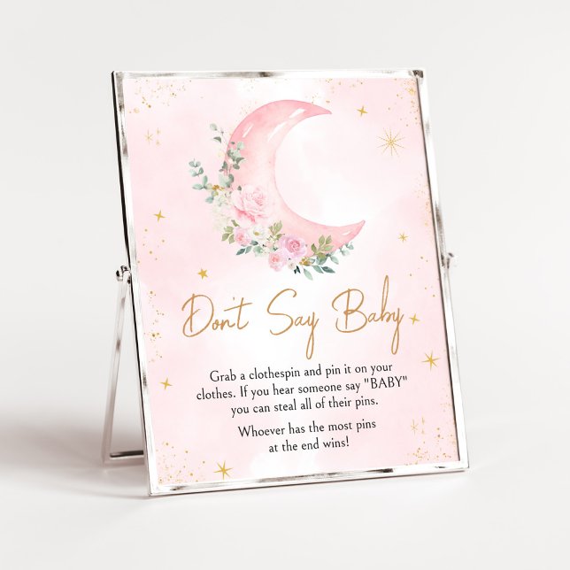 Poster Pink Moon and Stars Baby shower Ne pas dire bébé (Twinkle Little Star Baby Shower Don't Say Baby Sign)