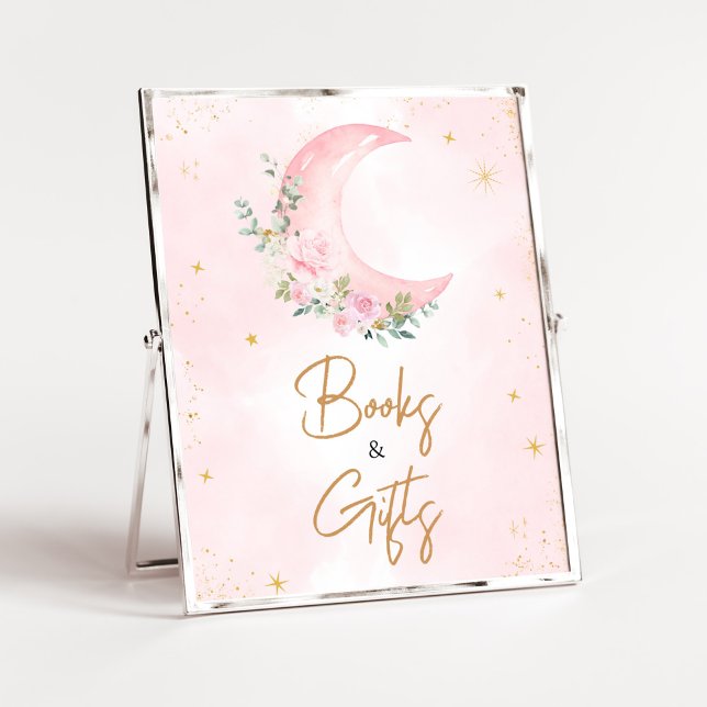 Poster Pink Moon and Stars Baby showers Livres et Cadeaux (Twinkle Little Star Baby Shower Books and Gifts Sign)