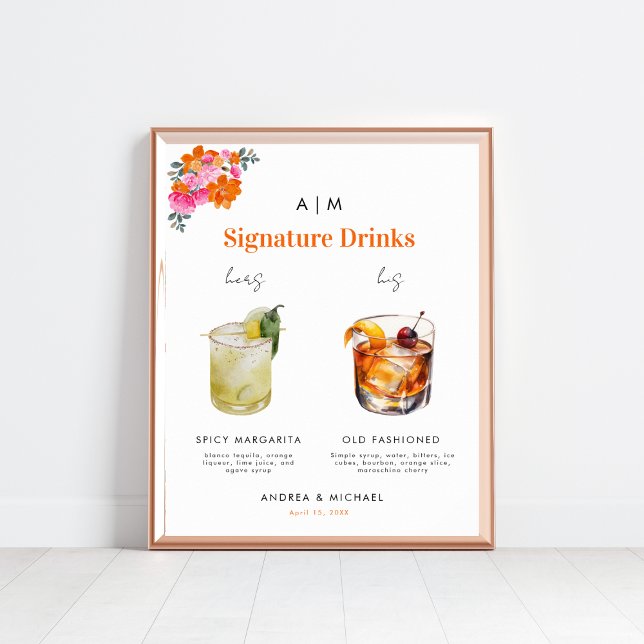 Poster Pink Orange Signature Boissons Cocktail Mariage Si (Créateur téléchargé)