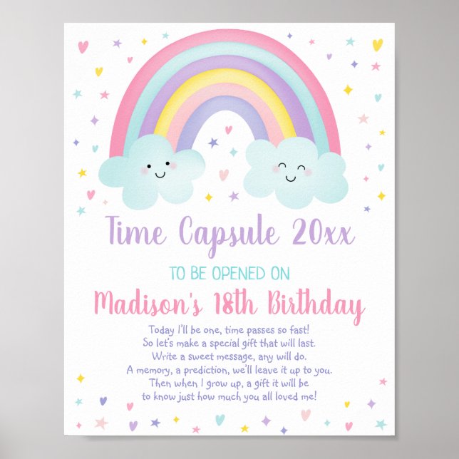 Poster Pink Pastel Arc-en-ciel premier anniversaire heure (Devant)