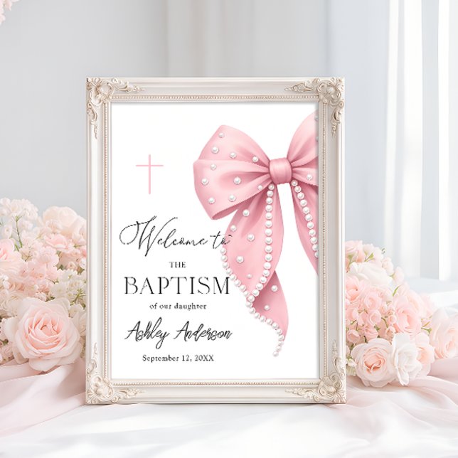 Poster Pink Pearl Bow Baptism Welcome  (Créateur téléchargé)