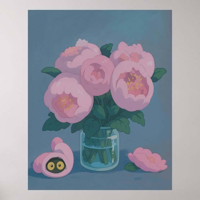 Poster Pink Peonies with Hidden Cat Eyes (Devant)