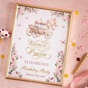 Poster Pink Princess Carriage Anniversaire Bienvenue