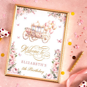 Poster Pink Princess Carriage Anniversaire Bienvenue