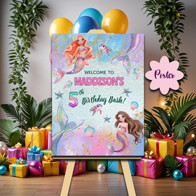 Poster Pink Purple Glitter Mermaids 5th Birthday Welcome (Créateur téléchargé)