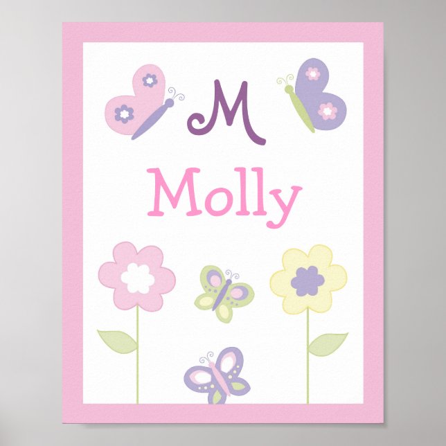 Poster Pink Purple Papillon Nursery Mur Art Nom Imprimer (Devant)