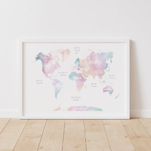 Poster Pink Rainbow World Map Travel Nursery Decor