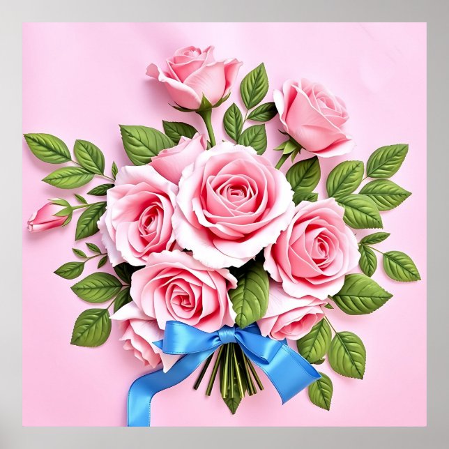 Poster Pink Roses Bouquet Ribbon Illustration (Devant)
