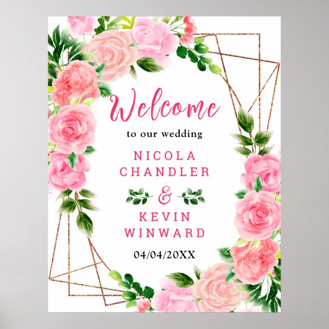 Poster Pink Roses with Foliage Wedding Welcome Sign (Devant)