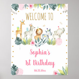 Poster Pink Safari Jungle Party Animaux Anniversaire Bien