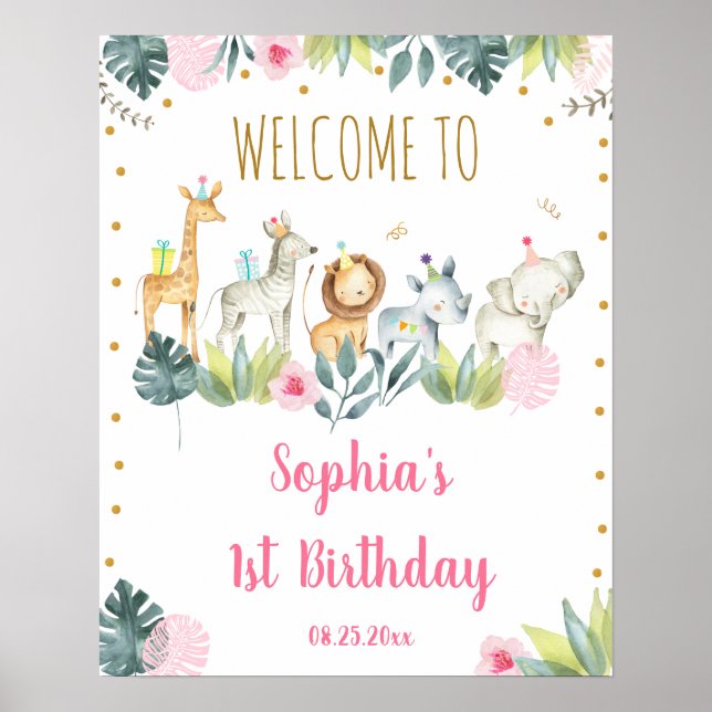Poster Pink Safari Jungle Party Animaux Anniversaire Bien (Devant)
