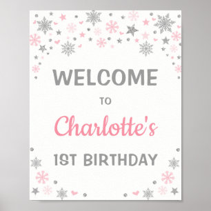 Poster Pink Silver Snowflake Hiver 1er anniversaire Bienv